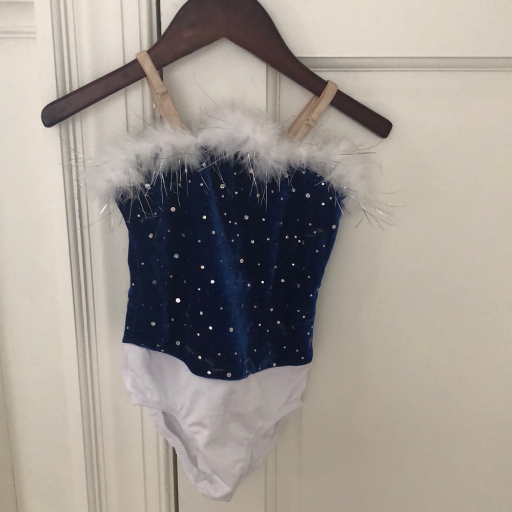 Girl’s dance costume with leotard, shorts, skirt and gloves